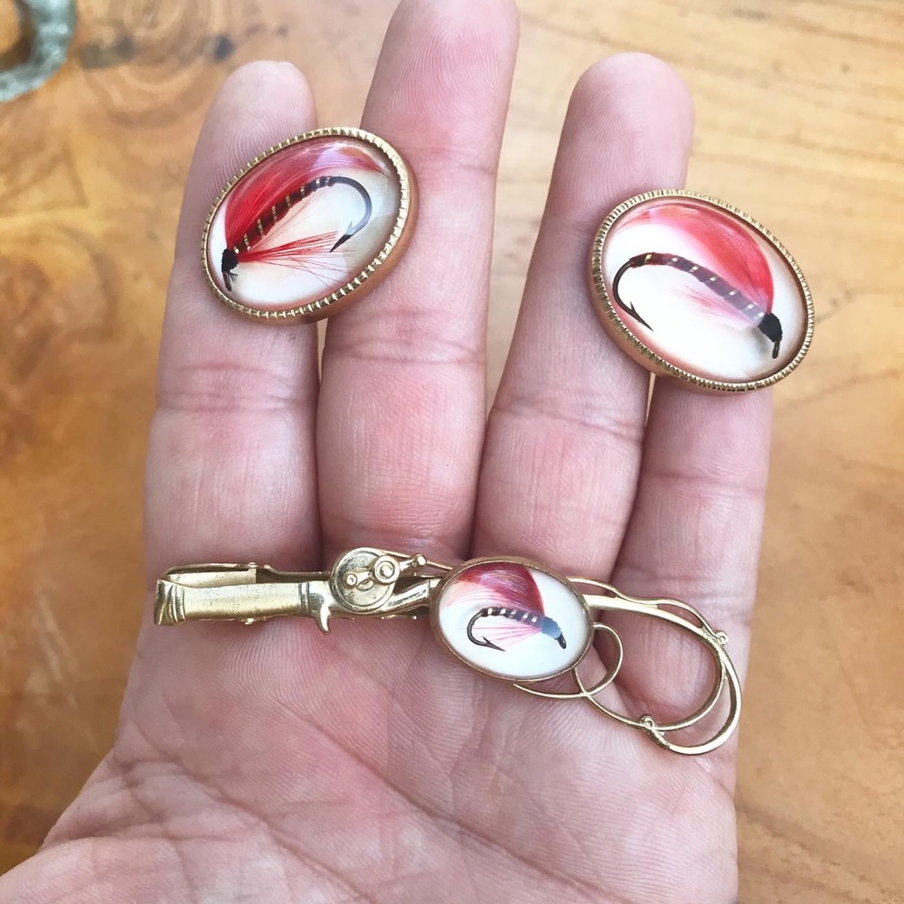1950’s Anson Fly Fishing Tie Bar Cuff Links Set Gem